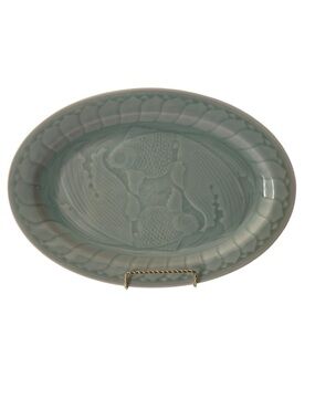 Longquan Celadon Koi Fish Platter 14 inch Green Glaze Mid-Century Abundance